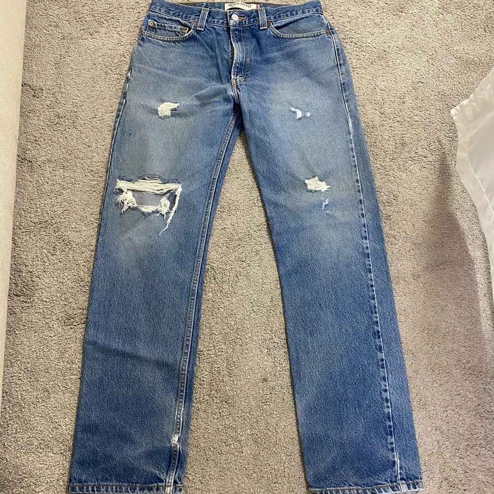 Levi's 505 33x34 Men's Blue Straight-Leg Distressed Jeans